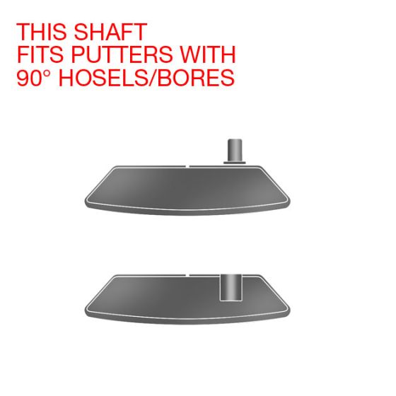 picture of two putter heads with text that says 'This shaft fits putters with 90° hosels/bores'