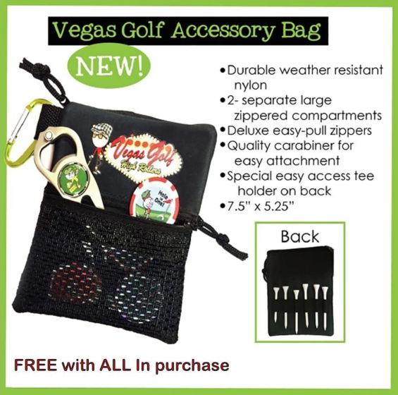 dimensions for the VEGAS GOLF All-in Bonus Pack On The Course Golf Game's accessory bag