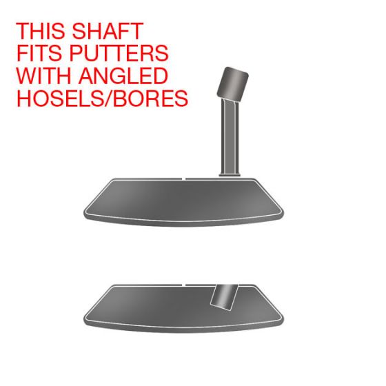 picture of 2 putters with text that says "This shafts fits putters with angled hosels/bores"