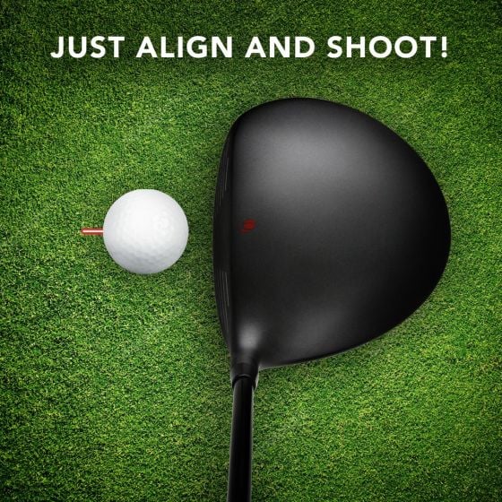 Golf ball on a FlexTee AlignTee with a driver behind it with the words "Just align and shoot!"