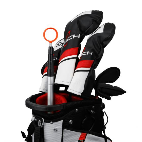 Orlimar Fluorescent Head Golf Ball Retriever inside a golf bag