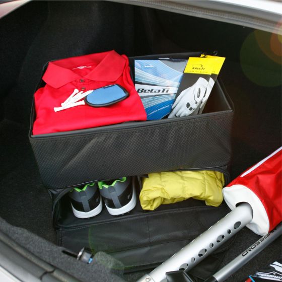 Intech Golf Trunk Organizer (Double Row) inside car trunk