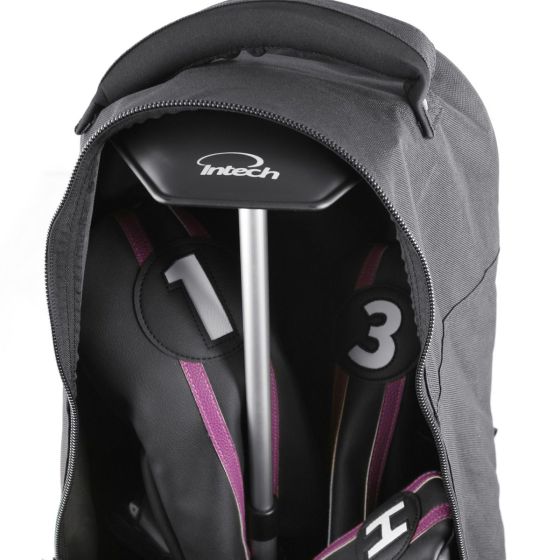 close up of Intech Crossbar Golf Travel Bag Support Rod inside unzipped travel cover