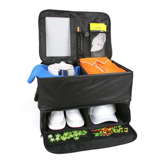 angled view of the Intech Golf Trunk Organizer (Double Row) with items inside