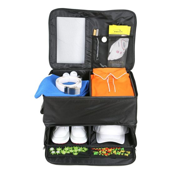 front view of the Intech Golf Trunk Organizer (Double Row) with items inside