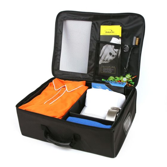 Intech Golf Trunk Organizer (Single Row) with all sorts of golf gear and accessories inside
