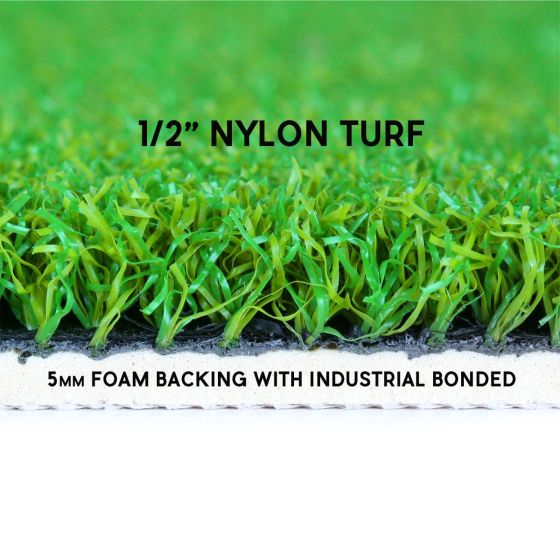 side view of the Orlimar Residential Golf Mat with dimensions - 1/2" nylon turf and 5mm foam backing