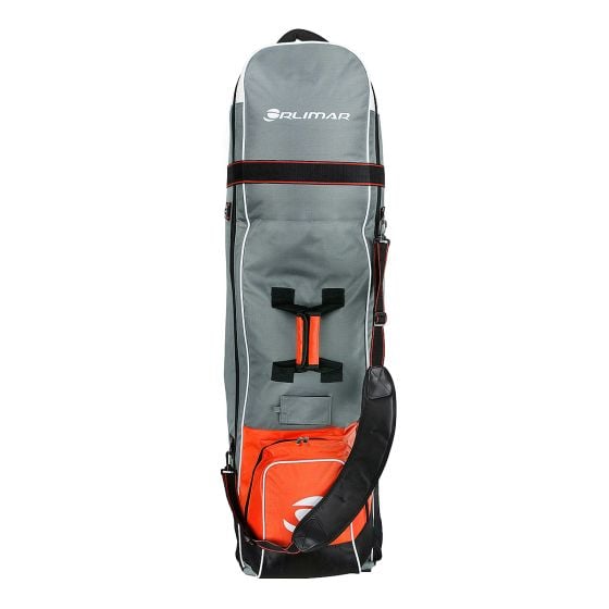 Front view of the Orlimar 1680D Super Duty Deluxe Wheeled Golf Travel Cover – Gray/Red/Black