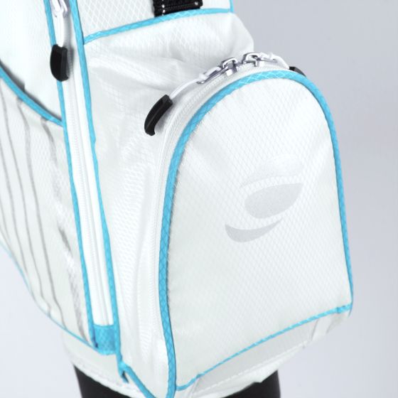 Zippered front pocket of the Orlimar ATS Junior Girls Sky Blue Series Stand Bag (Ages 9-12)