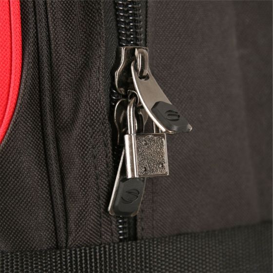 close up of zipper and lock for the Orlimar 6.0 Deluxe Wheeled Golf Travel Cover - Black/Red