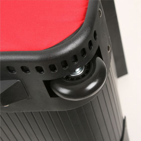 close up of a wheel on the Orlimar 6.0 Deluxe Wheeled Golf Travel Cover - Black/Red