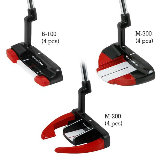 Powerbilt RS-X Putter Pack with images of 3 putters and text "B-100 4 pcs M-300 4 pcs and M-200 4 pcs"
