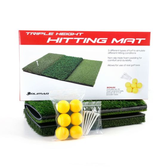 showing the box and contents removed when buying the Orlimar Triple Surface Golf Hitting Mat