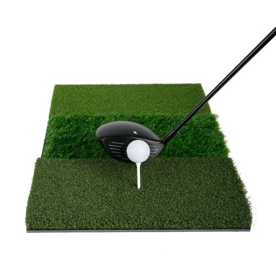 Golf ball teed up with a driver on the Orlimar Triple Surface Golf Hitting Mat