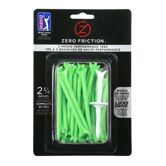 40 pack of Zero Friction 3 Prong - 2.75" Green Golf Tees including one bonus adjustable Lock N Drive tee