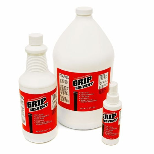 3 different size bottles of Dynacraft Grip Solvent (4-ounce 32-ounce one gallon)