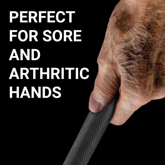arthritic hand holding a Karma Arthritic Jumbo Plus (+5/32") Golf Grip with text “perfect for sore and arthritic hands”