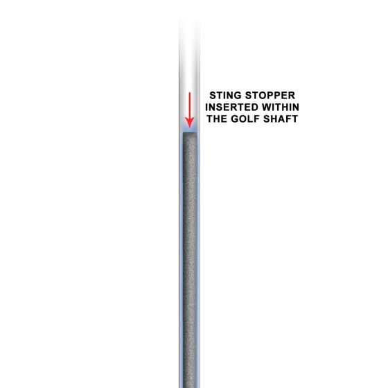 Illustration with text that says "Sting Stopper inserted within the golf shaft"